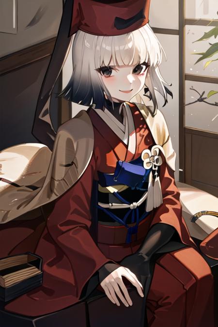 best quality, masterpiece, highres, solo, {white kimono:1.35}, {red hakama:1.35}, {wide sleeves:1.20}, {sen_no_rikyu_fgo:1.15}, bangs, blunt_bangs, hat, black_eyes, black_hair, medium_hair, gradient_hair, grey_hair, multicolored_hair, black_headwear, tassel, smile, small_breasts, breasts