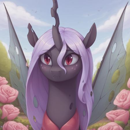 Queen Gytha changeling, feral,  red eyes, holey hoofs, ragged ears, crooked horn, black skin, pink freckles, very light purple membrane hair, very light purple membrane tail, insect wings