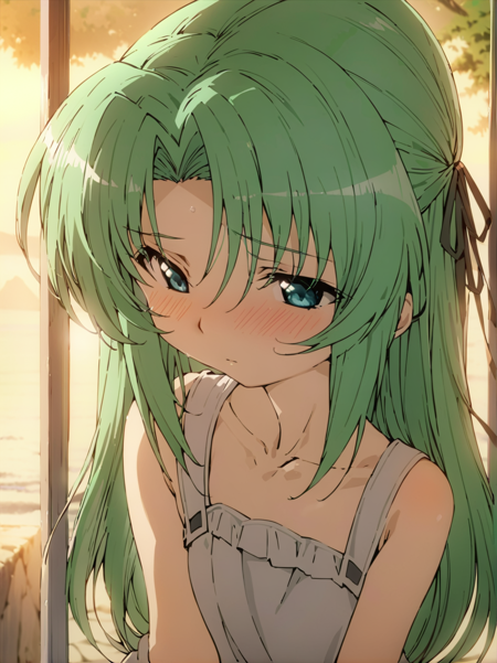 masterpiece,best quality,highest quality,best anatomy,<lora:0r0P00W0n0j0O0kqLSDXL_LoHA:1>,1girl,solo,sonozaki shion,long hair,green hair,skirt,blush,ribbon,half updo,hair ribbon,blue eyes,camisole,green eyes,simple background,