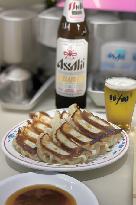 gyouza, plate, still life, food, realistic, blurry, food focus, blurry background, depth of field, beer, indoors, bottle