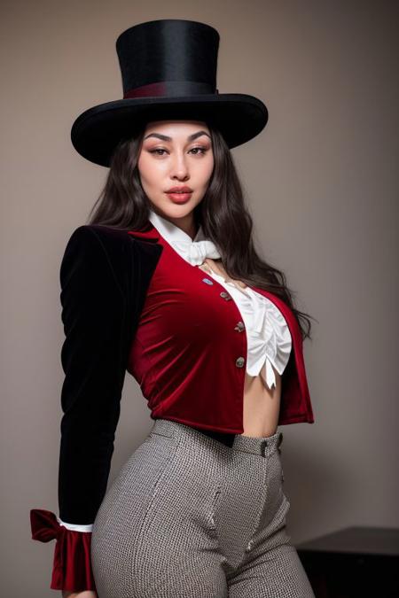 DEN_louisa_khovanski,
performing in a (circus:1.2) wearing a red and black (blazer:1.1) and white (shirt:1.1) and cream (trousers:1.1) and black bow tie and (top hat:1.1), ring leader, circus,
bokeh, f1.4, 40mm, photorealistic, raw, 8k, textured skin, skin pores, intricate details  <lora:epi_noiseoffset2:1>, epiCRealism, <lora:ClothingAdjuster3:-0.8>