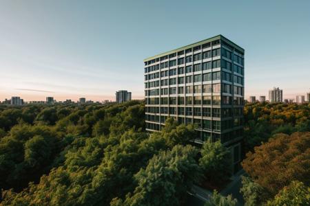 RAW photo of many residential 16-floor high buildings, surrounded by trees and roads, common garden, birds-eye view, 1man, flower, bush, render, matte colored facade, entire building, wide shot, architectural view, 8k uhd, DSLR, soft lighting, high quality, film grain, Fujifilm XT3,  <lora:lan_architecture_visualization:0.82>