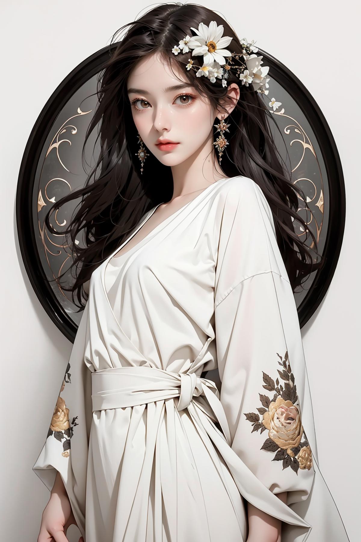 A beautiful Asian woman wearing a white dress with a flower design.
