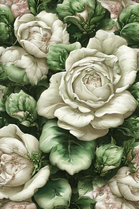 SnowStyle, (best quality:1.2), (detailed:1.2), (masterpiece:1.2), vintage botanical illustrations of larger provence green roses (1770 1775) in high resolution by John Edwards