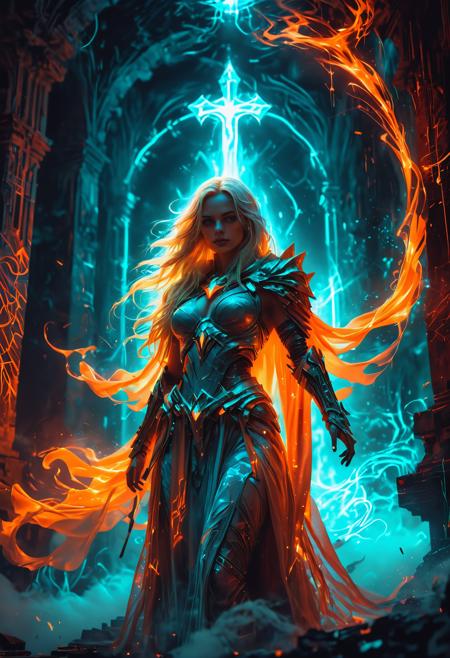 A fierce, ethereal female warrior with long, flowing blonde hair and a voluminous cloak and sexy armor stands in a misty, luminous labyrinth.  chiaroscuro, midjourneyv6.1, low-key, Neon Graffiti, Pixel Art, Luminescence, RGB Lighting, Low Angle, Orange Color, Teal Color, Prism Effect, Ceramic, Supernatural, By Garald Brom