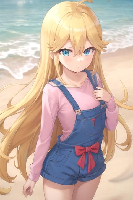 masterpiece, best quality,  <lora:leopard-08:0.8>, blond hair, long hair, blue eyes,  soft blue short overalls, solo, small breasts, beach,  OverallDetail,  ahoge,  sexy thighs, standing, pink shirt