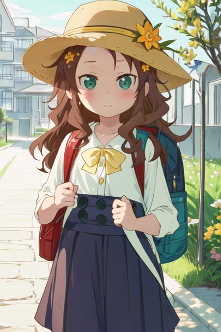 best quality, masterpiece, highres, solo, {riko_saikawa_kobayashisanchinomaidragon:1.15}, brown_hair, blush, long_hair, green_eyes, hair_ornament, flower, hair_flower, 1girl, backpack, bag, hat, outdoors, randoseru, school_hat, shirt, child, upper_body, yellow_headwear, closed_mouth, day