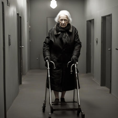 <lora:9BA9166707:1> crd lady, 84 years old, walking frame, in a dark toilet, she looks stern, leather gloves, chains, steel bar cage, leather long coat, it is cold, low angle shot, dramatic lighting, full body shot