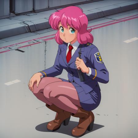 NeneRomanova,1girl,pink hair, policewoman, blue jacket,collared_shirt,red tie, blue skirt,pantyhose, hardsuit,powered suit, motoslave, powered armor, motorcycle, science fiction,  1990s (style),retro artstyle, green eyes, red hair,