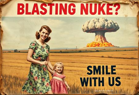 “A decayed, vintage-style poster from 1957, weathered and torn, depicting a surreal American country scene. The faded image shows a woman in a floral-patterned 1950s dress holding her young daughter’s hand, her wide, mad smile radiating an eerie charm. In the far background, a massive nuclear mushroom cloud dominates the sky, with fiery orange fireballs at its base and visible blast waves rippling through the landscape. The poster’s bold text, ‘BLASTING NUKE?’ across the upper section and ‘SMILE WITH US’ in the lower section, is faded, smeared, and inked with scribbles and stains. The paper appears rotten, with tears, creases, and discolored edges, evoking a haunting sense of abandonment and decay, adding to the unsettling atmosphere of the piece.”