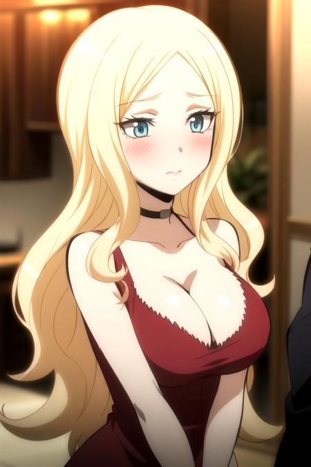 ultra high res, masterpiece, 1girl, <lora:IrinaJelaviÄR4:0.7>,IrinaJelaviÄR4, blonde hair, blue eyes, blurry, blurry_background, blush, , choker, cleavage, collarbone, grey_eyes, large_, long_hair, red_dress, solo, upper_body