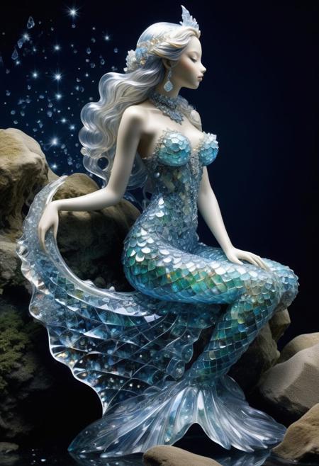 By Jean Baptiste Monge and Mark Brooks and Hirohiko Araki | | FULL-BODY SHOT of ONE beautiful intricate CRYSTAL ICE Mermaid with beautiful crystal patterns, ornate GLASSY CRYSTAL tail scales, hundreds of beautiful starry fractal TRANSPARENT GLASS CRYSTAL scales on her HUGE TAIL, she is sitting on a crystallized rock underwater