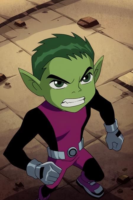 beastboy, green hair, green eyes, green skin,