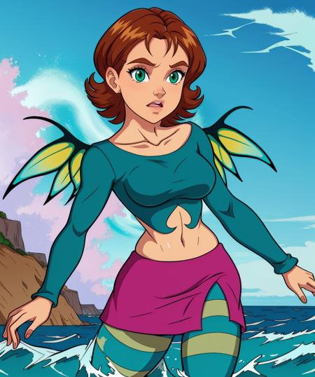 Irma,brown hair,solo,short hair,green eyes,
standing,upper body,smile,
striped pantyhose,teal crop top,boots,fairy wings,pink miniskirt,callorbone,long sleeves,
raging seas,
(insanely detailed, beautiful detailed face, masterpiece, best quality),<lora:IrmaLair-10W2:0.8>,