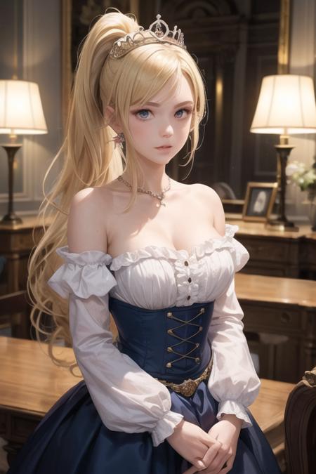 extremely detailed, ambient soft lighting,Indoors, renaissance, vintage,french 1gril, solo, standing, upper body, blonde hair, long hair, long sidelocks,high ponytail,looking at viewer, tiara, crown, strapless blue frilled fress, long frilled skirt, long sleeves