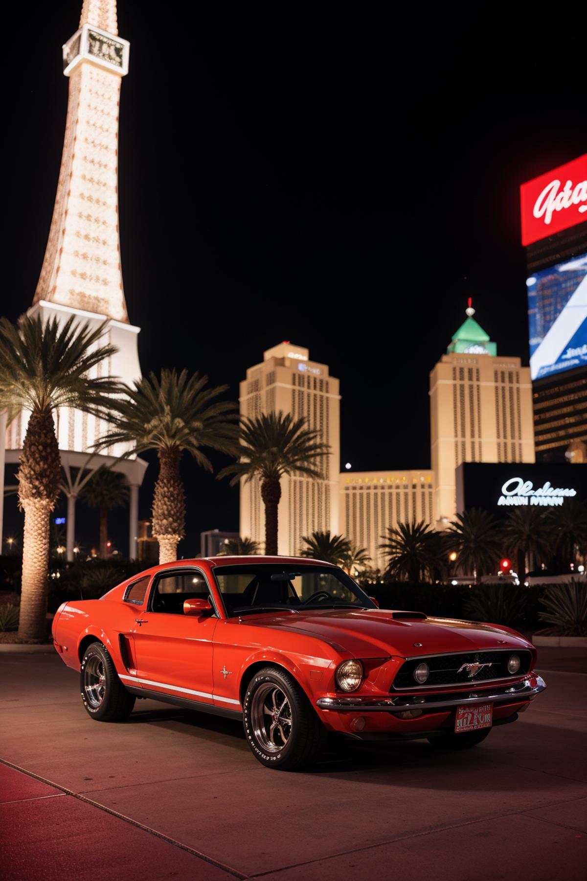 A vintage red Mustang is parked in front of a luxury hotel in Las Vegas.