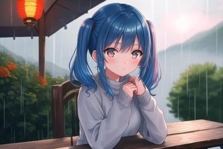 masterpiece, best quality, 1girl, upper body, sitting, swept bangs, medium hair, twintails, blue hair, sweater, fluffy, outdoors, rain, lantern, scenery, blurry background, <lora:kinugami32:0.9>