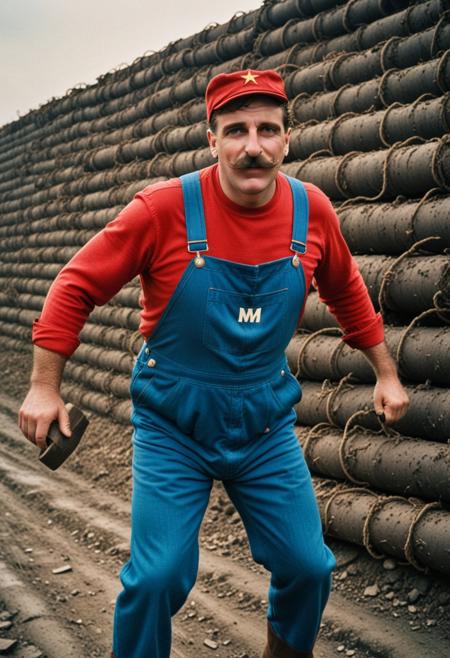 ((Film poster , dynamic photograph from a colorized, 1936 Soviet live action film titled (" братя супер марио" )) , ((about a short fat Italian proletarian plummer wearing (a big bushy moustache), (blue overalls), (red shirt) , (a big red cap that has the letter "М"  seen printed on the front)),  ((the short fat Italian proletarian plummer wearing (a big bushy moustache), (blue overalls), (red shirt) , (a big red cap that has the letter "М"  seen printed on the front),  travels through green pipes and smash big brown bricks, in a magical kingdom)) , ((the short fat Italian proletarian plummer wearing (a big bushy moustache), (blue overalls), (red shirt) , (a big red cap that has the letter "М"  seen printed on the front), is seen saving a (blonde woman in a dress)), ((the blonde woman in a dress) is seen being rescued by the short fat Italian proletarian plummer wearing (a big bushy moustache), (blue overalls), (red shirt) , (a big red cap that has the letter "М"  seen printed on the front)),  
[(Cinematic still), (photograph from a 1936 soviet film) (using 35mm, agfacolor film stock), (using State Optical Institute cine lenses),  ((colorized with the 1936 style Bipack colourisation method)) (Communist Soviet Heroism) , ( Sovietpunk superheroes)]