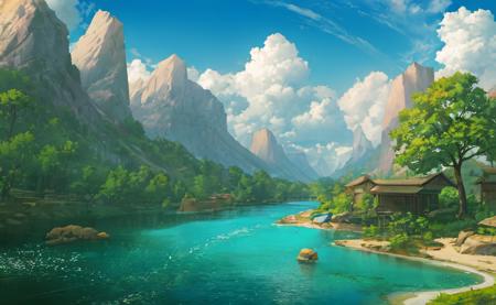 ConceptArt, no humans, scenery, water, sky, day, tree, cloud, waterfall, outdoors, building, nature, river, blue sky