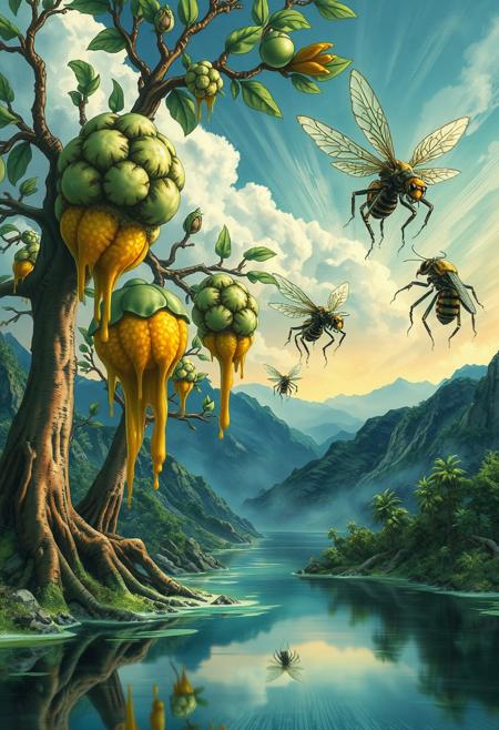 A surreal anime landscape melts, hosting alien life. Trees with liquefying umber bark stretch skyward, bearing grotesque fruit. These growths pulse with bioluminescent veins, their surfaces a mix of membranes and chitinous plates in sickly greens and yellows.
Emerald leaves sag, forming viscous droplets suspended in air. The sky melts into the horizon, clouds streaking down like taffy. Mountains dissolve, creating rivulets down an imaginary canvas.
Biomechanical insects drift through the scene, their exoskeletons fusing organic curves and industrial pistons. These Giger-esque creatures sport multiple limbs, eyeless sensors, and humming wings, leaving trails of glowing spores.
A lake reflects this bizarre tableau, its shore blurring into a watercolor fusion. Fractal patterns emerge in the drips and flows, mirrored in the structures of alien fruit and insects.
The image blends anime art with surrealist and biomechanical elements, creating a dreamlike yet unsettling atmosphere that's both familiar and profoundly alien.