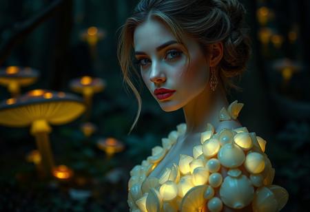 A detailed portrait of a woman in an elegant dress made of luminescent, shell-like structures, blending seamlessly with her soft skin. The scene is set in a dark, enchanted forest with glowing mushrooms in the background. The lighting emphasizes the glossy textures of her gown, creating a mystical atmosphere.