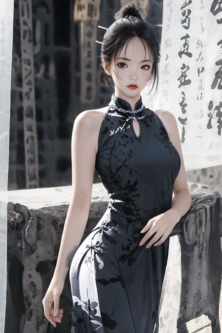 masterpiece,best quality, 1 girl, standing, white dress,  (black cheongsam), calligraphy_background <lora:Xinzhongshi_mo:0.8>
8k,,sexy,(realistic:1.1), (photorealistic:1.1), (masterpiece:1.1), (best quality:1.1), RAW photo, highres, ultra detailed, High detail RAW color phot