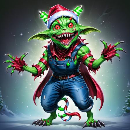 hyper detailed masterpiece, dynamic, awesome quality,ral-jeans, fleshmutant, lilith, small humanoid creature, pointed ears, bright and festive attire, red, green, holiday colors, pointed hat with a bell on the tip, merry cheerful expression, rosy cheeks, lively eyes, joyful, industrious, and benevolent, smart automation,dreary,reproduced,submerging,constrained,networking,gleeful<lora:Fleshmutant_R2:1>