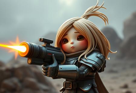 a long haired onion in futuristic armor holding a laser canon, cute, scene from a science fiction movie