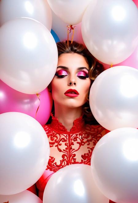 Persian color palette , Persian art, Persian girl, Persian, Iranian, Iran,fashion portrait photo of beautiful young woman from of a ton of white balloons, taken on a hasselblad  iconoclastic pinnacle of creativity with intricate details, (cadmium red and electricblue colors:0.1),(looking at the viewer), (Francis Drake : 1,2) ((best quality)), (artistic photography by Philippe Halsman and Ara Gler:1.2), (bubblegumpink and striped colors:0.1), <lora:MJ52:0.65>
(Ethel Warwick:1.3), modelshoot, pose, , (Ethel Warwick: 1,2) award winning photo macro shot of a beautiful young woman lying , , dynamic lighting, cinematic still, pale skin, screencap, 100mm f/2.8 macro lens, on the knees)(((dynamic pose:1.2),(dynamic camera),(amateur photo:1.3,art retouch,, ),
full body, battle stancevibrant, neon colors, , highly detailed,byJocelyn Hobbie and Charles Dwyer, Triadic color guide,Leica Q2 with Summilux 28mm f/1.7 ASPH, ,clear face, Ultra High Resolution, wallpaper, 8K,Rich texture details, hyper detailed, detailed eyes, detailed background, dramatic angle, epic composition, SimplepositiveXLv1 (masterpiece, high quality, fisheye:1.2), solo, model photoshoot, (black theme:1.1), a stylish girl,