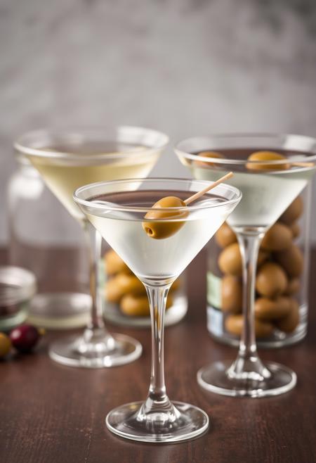 a mid shot view of two, transparent martini glasses. One glass, in the foreground, contains a clear liquid and an olive on a toothpick. In the background, there is a jar filled with olives, another glass container, and a cocktail shaker. foodstyle. This photo is used for food photography.