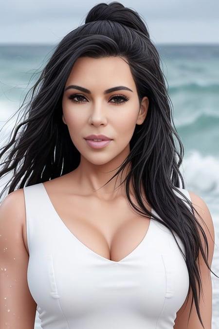 photo of (Koh_KimKardashian), a woman at the beach, stormy weather, (windblown hair:0.9), modelshoot style, (extremely detailed CG unity 8k wallpaper), photo of the most beautiful artwork in the world, trending on ArtStation, trending on CGSociety, Intricate, High Detail, Sharp focus, dramatic, photorealistic painting art by midjourney and greg rutkowski, (dark sea storm), (elegant white dress), (looking at viewer), (detailed pupils:1.1), (night tempest), (ponytail), (closeup:0.4)