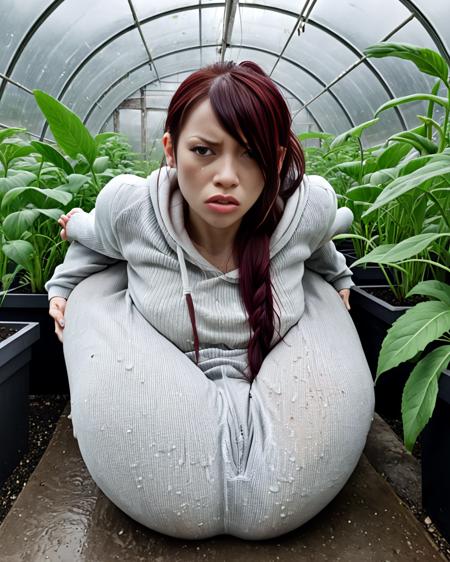 masterpiece, best quality, 8k, photorealistic, intricate details, ultrarealistic style, back view, greenhouse during cloud cover, Face flushed with emotion, brows drawn close in anguish, mouth trembling slightly, expression caught between a cry and silence, eyes glimmering with unshed tears., Breathing heavily,
<lora:DiMario_Knot:1>, legs behind head, extreme contortion, adult version of Erza Scarlet from the anime/manga Fairy Tail, accurate to original character, accurate clothing, accurate haircut, accurate hair color, accurate face, beautiful long flowy hair, fully clothed, Hoodie halfway off