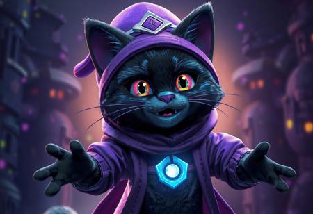 Lunalight Blue Cat, black fur, purple masked face, purple outfit, hat. Catapult Zone backdrop. Arms outstretched. Isometric, dynamic pose. Matte painting, splash ink, octane render, Unreal Engine 5, Raphael style, Houdini style. Captivating light, vivid emotion, joyful impact. Detailed eyes. CGSociety, Artstation trending, golden ratio, 4k, high-res.