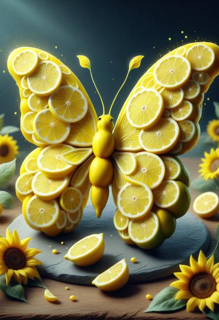 wl_lemons, (Masterpiece, Best Quality, 4k, Highres:1.2), a butterfly
 made of lemon, on top of a sunflower