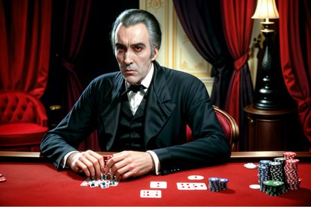 RAW color photo, ChristopherLee_Dracula , sitting, playing poker, indoors, gaming table, playing cards, Monte Carlo casino, night <lora:ChristopherLee_Dracula_v1:0.75> <lora:XenoDetailer_v2:0.75>