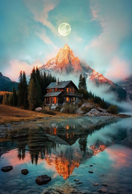 (by Ellen Jewett:1.5), (Bioluminescent Impressionism, The Dreamland), their peaks veiled in mist. mixed media, surrealism, great lighting, A surreal landscape highly detailed . extremely high-resolution details,  appears trapped in an optical illusion of reflections and refractions colorful , mountain cabin, professional photography, natural lighting, volumetric lighting maximalist. intricately detailed, complex, elegant, night, moon, expansive, fantastical, film photography style,  medium grain,  <lora:MJ52:0.3>  <lora:SDXLFaeTastic2400:0.4>  <lora:EpicF4nta5yXL:0.7>.ethereal landscapes, depth of field, biotech emotion:1.3) <lora:xl_more_art-full_v1:0.5> <lora:add-detail-xl:1> <lora:RMSDXL_Creative:2>, GhostlyStyle