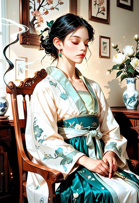 solo, short black hair, elegant man, seated, holding a long kiseru smoking pipe, traditional Hanfu-style silk robe, white with delicate embroidery, floral patterns, tied sash, flat chest, graceful pose, closed eyes, long sleeves, white flower vase in the background, ornate wooden chair, ethereal smoke, gentle lighting, earrings, realistic facial features, attractive , calm atmosphere, flower vase decor, semi-realistic style, digital painting, concept art, soft glow, dusty cool tones, volumetric lighting, ultrahigh definition,  absurdres, highres, very aesthetic, painted style, moody light, contrast of white fabric and dark wood, misty effect, light particles, serene, Midjourney style, elegant composition, aidma-niji