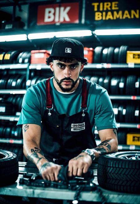 cinematic photo badbunny a man working at tire shop and wearing a overalls <lora:badbunny-000006:1> . 35mm photograph, film, bokeh, professional, 4k, highly detailed, raw photo