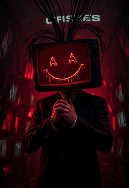 Cinematic, Beauty, Realism, Light and Shadow, Cinematography, Film Stills, A surreal and eerie scene featuring a man with a television as his head, displaying a sinister red smiley face dripping with digital distortion. The figure is dressed in a sharp, dark suit, standing in a dimly lit, dystopian environment. Thick, black cables emerge from the back of the TV head, intertwining with the background's chaotic mess of wires and broken screens, all bathed in an ominous red glow. The hands are clasped together, giving off a menacing yet composed demeanor, as if he is in control of this chaotic digital landscape. The atmosphere is dark, unsettling, and charged with a sense of looming danger. Highest-Quality, 4k, intricate details, visually stunning, Masterpiece