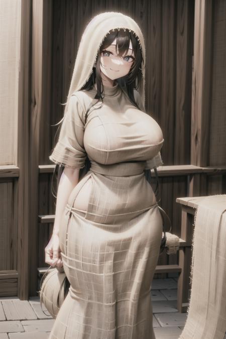 long hair, large breasts, wide hips, (white pupils), smile, (burlap veil), (burlap dress), church <lora:Burlap V2:0.6>