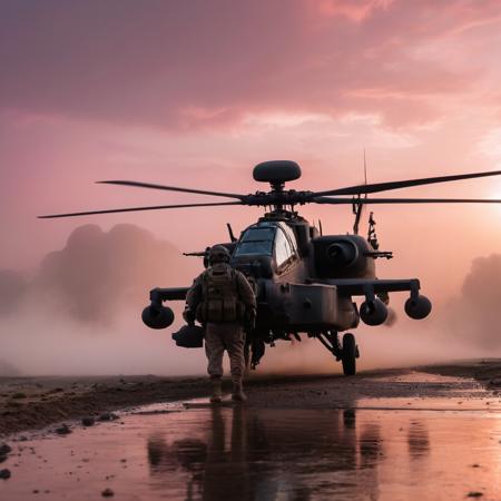 macro photo of US Army soldiers in foreground,  War in Afghanistan,  ah64 apache helicopter flying  in background, Nikon D850, morning fog, highly detailed, sun rise, pink and orange clouds, detailed water, <lora:add-detail-xl:1>