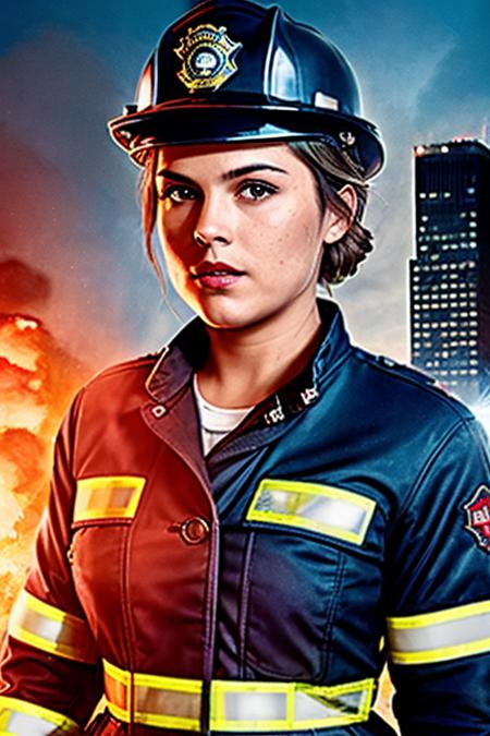 a photo of (MonicaRaymundV4-900) (in dressed as a firefighter blue:1.2), full body, (dynamic pose),((front view)), red lips, and a ((close up:1.3)), (black hair) , background is city ruins, (high detailed skin:1.2), 8k uhd, dslr, soft lighting, high quality, film grain, Fujifilm XT3