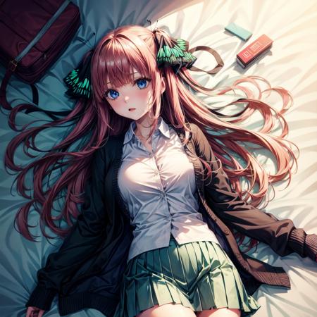 (masterpiece, best quality, high quality, highres, ultra-detailed), <lora:add_detail:1>,  <lora:Nino Nakano_2:0.7>, nino nakano, long hair, bangs, blue eyes, hair ornament, hair ribbon, pink hair, blunt bangs, two side up, butterfly hair ornament, skirt, shirt, long sleeves, white shirt, pleated skirt, open clothes, collared shirt, sleeves past wrists, dress shirt, cardigan, green skirt, open cardigan, black cardigan, laying down