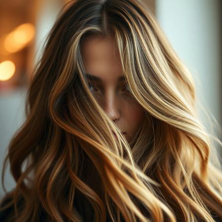Extreme hair play in front of her face, absurdly long hair that cascades in loose waves, framing her face with effortless glamour. The golden highlights catch the soft ambient light, adding a touch of radiance.