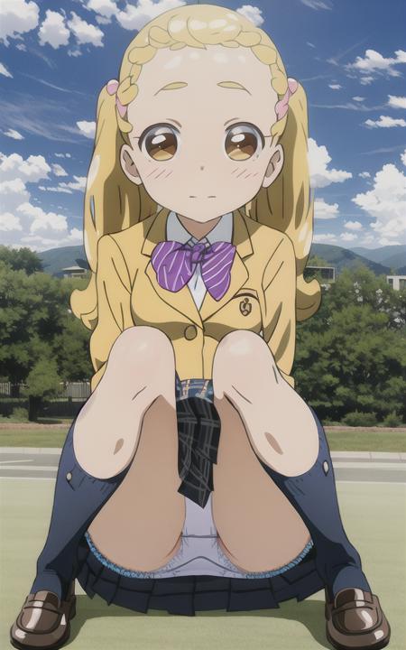 (nsfw), 1girl, (full body), blonde hair, long hair, hair intakes, brown eyes, dot nose, (school uniform), blazer, checkered pleated skirt, (kneehighs), loafers, (ultimate cute girl), (medium breasts), looking at viewer, blue sky, school, <lora:hana_makihatayama:0.8> , (makihatayama_hana), <lora:AnimeStyleLoraWith_v10ForAnythingV40:0.6>, shade, anime keyvisual, magazin collage, megami magazine ,sitting, (panties), (upskirt), pantyshot, blush, embarrassed,