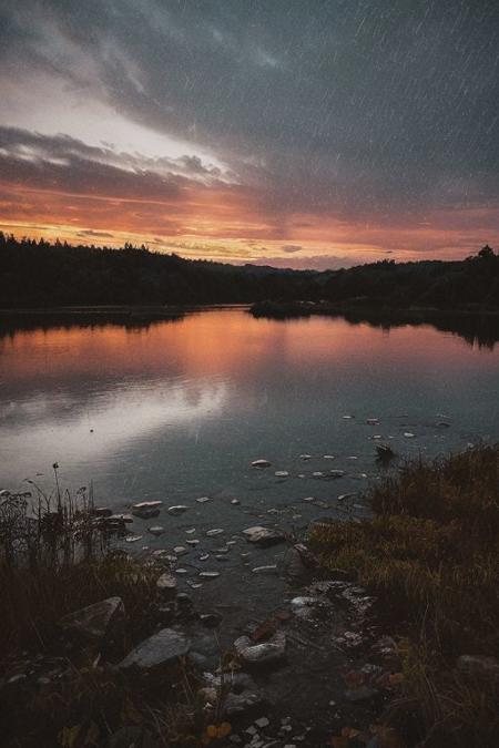 raw photo, a sunset landscape, Valdivian temperate forests, Chilean forest,  cozy, photorealistic, high detailed texture, 8k uhd, dslr, soft lighting, high quality, film grain, Fujifilm XT3, Sony A7 IV, highly detailed photography, (muted colors, cinematic, dim colors, soothing tones:1.2), vibrant, insanely detailed, hyperdetailed, (dark shot:1.2), (vsco:0.3), (intricate details:0.9), (hdr, hyperdetailed:1.2) (highest coherency: 1.39) (highest quality: 1.39) (rule of Thirds) (award winning) (breathtaking) (masterclass) (vibrant color: 0.79) (raining)
