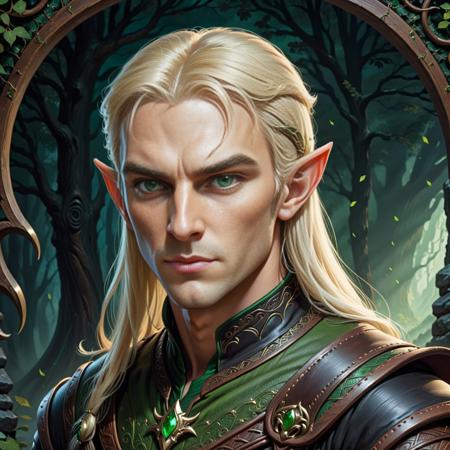 (a handsome male elf), pointy ears, blonde hair, green eyes, chiseled jaw, black elven leather, abstract background, highly detailed, 4K, 8K, <lora:Elf_Ears:0.5>