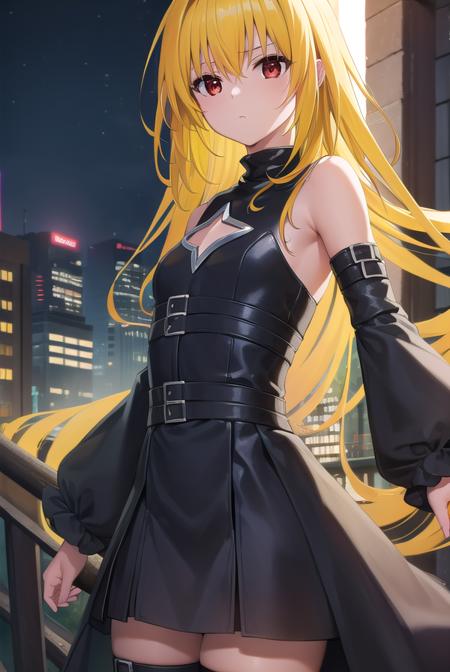 toloveruyami, <lora:toloveruyami-lora-nochekaiser:1>, 
yami, (yellow hair:1.5), long hair, (red eyes:1.5), (hair ornament:1.2), two side up, (small chest:1.2), 
BREAK sleeveless, detached sleeves, dress, black dress, black skirt, clothing cutout, cleavage cutout,
BREAK outdoors, city, night, sky,
BREAK looking at viewer, (cowboy shot:1.5),
BREAK <lyco:GoodHands-beta2:1>, (masterpiece:1.2), best quality, high resolution, unity 8k wallpaper, (illustration:0.8), (beautiful detailed eyes:1.6), extremely detailed face, perfect lighting, extremely detailed CG, (perfect hands, perfect anatomy),