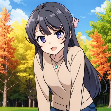 mai-san, sakurajima mai,  <lora:mai:0.7>, 1girl, solo, long hair, looking at viewer, blush, smile, open mouth, shirt, black hair, hair ornament, long sleeves, jewelry, purple eyes, :d, outdoors, sky, shorts, day, hairclip, cloud, necklace, tree, blue sky, leaning forward, pink shirt, autumn leaves