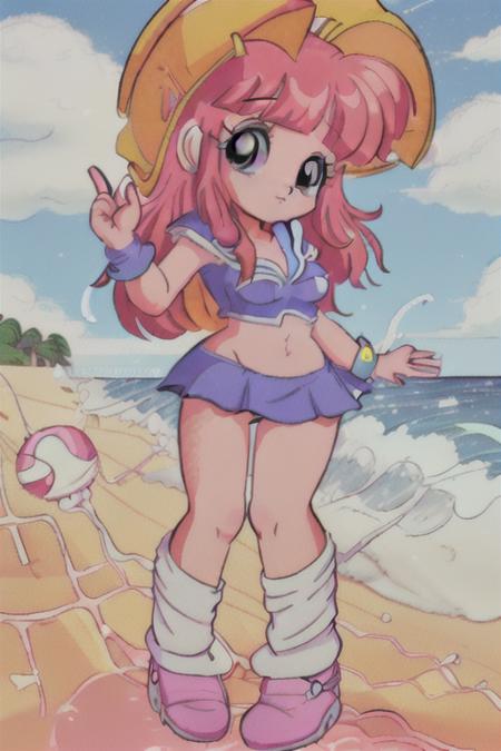 1girl, 80's anime style,  <lora:TFM_FTA:0.7>,  <lora:princessChiChiDragonBall_v10:1> princesschichi, as a nurse at a beach, waves, sunny day, sandcastles and buckets full of sand, beach umbrella, beach ball